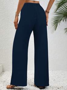 Aalyst Women's Solid Color Drawstring Waist Pocket Casual Daily Long Pants - Blue - View 2
