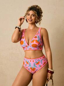 Travachic Plus Size Women's Floral Print Shell Embroidered Tank Top And Triangle Bikini Bottom Swimsuit Set - Multicolor - View 3