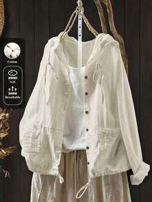 Linhara Plus Size Linen Comfortable Long Fringe Hooded Drawstring Fashion Casual Vacation Long Sleeve Pocket Jacket Fall - Apricot - View 1