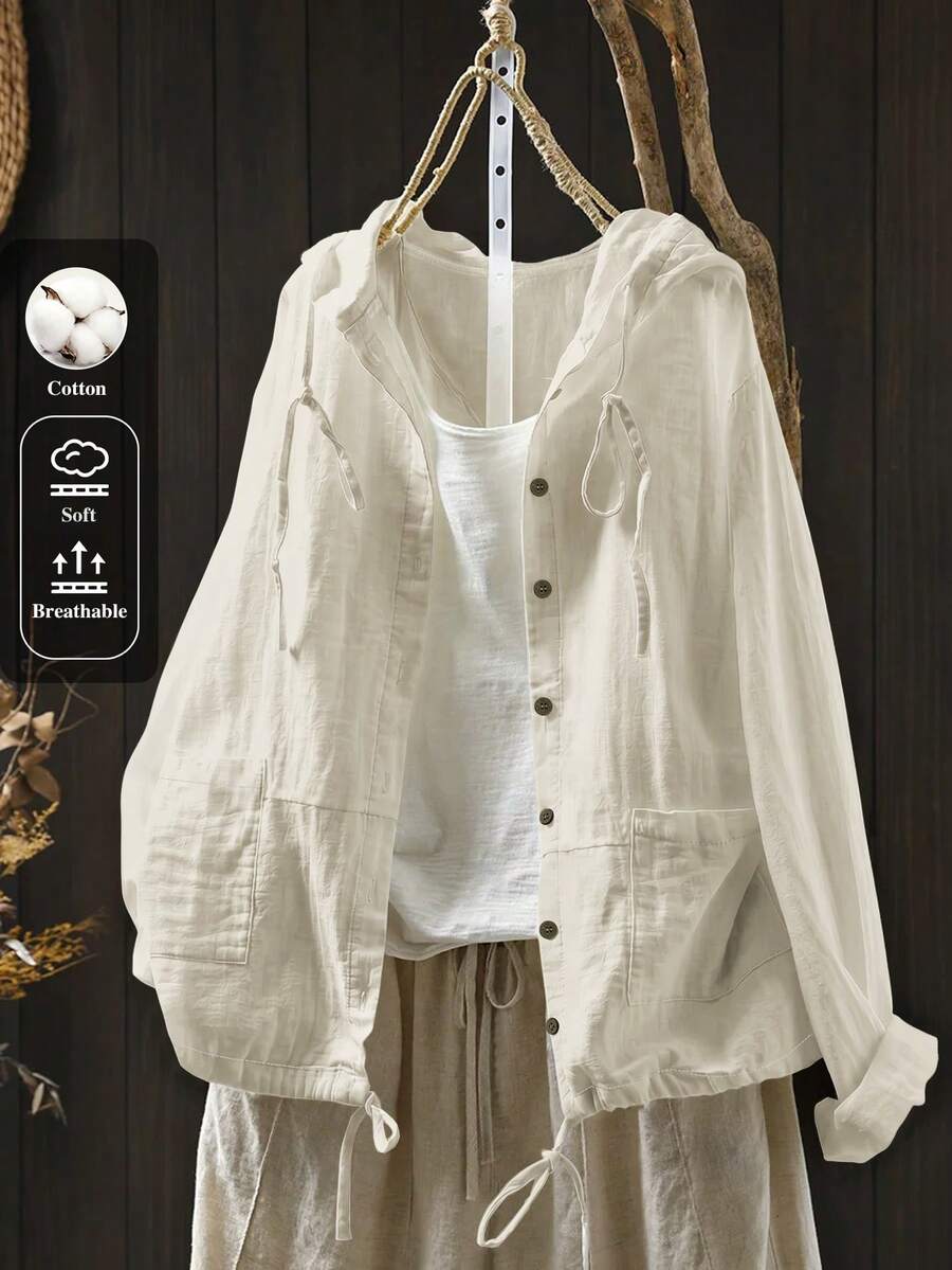 Linhara Plus Size Linen Comfortable Long Fringe Hooded Drawstring Fashion Casual Vacation Long Sleeve Pocket Jacket Fall - Apricot - View 1
