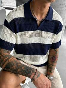 Manfinity LEGND Men's Contrast Color Striped Hollow Knit Top - Navy Blue - View 1