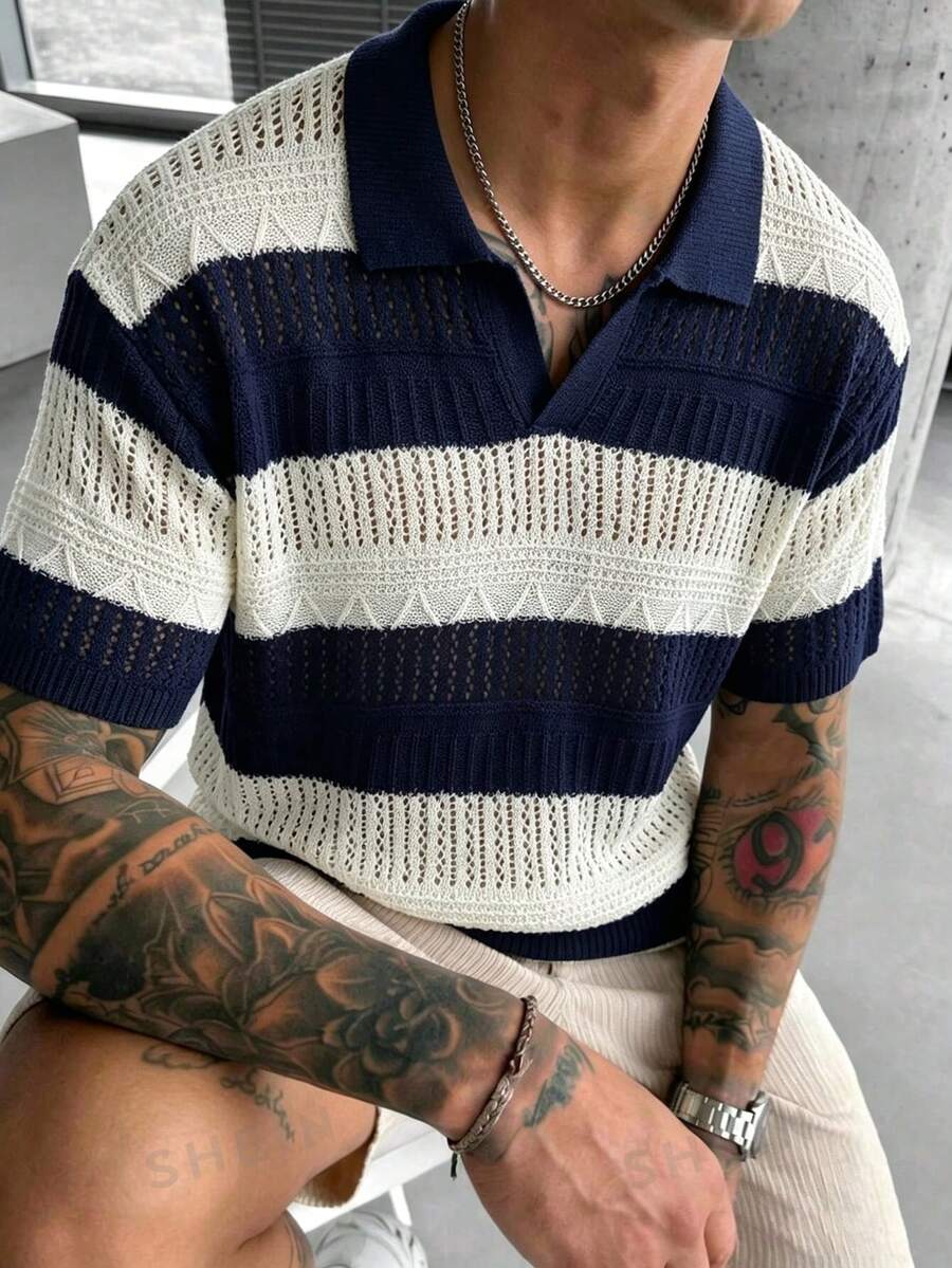 Manfinity LEGND Men's Contrast Color Striped Hollow Knit Top - Navy Blue - View 1