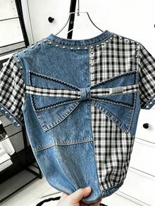 Resyla Women's Regular Fit T-Shirt, Classic Retro Blue T-Shirt, Classic Plaid Contrast Print Pattern, Exaggerated Bow Print Pattern, Pattern Design, Casual Versatile, Comfortable Fabric, Commuter Style - Multicolor - View 2