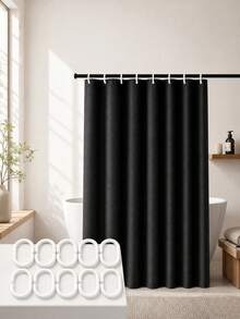 1 pieza Cortina de ducha gruesa e impermeable, cortina de ducha de lino sintético negro con ganchos de metal - Tela gruesa de secado rápido para privacidad y decoración del baño - Negro - Ver 7