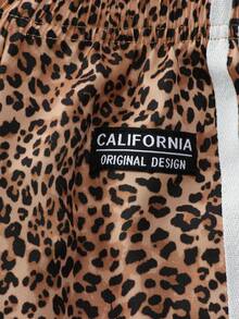 SHEIN Young Girls Long Pants, Spring/Autumn, Classic Brown Leopard Print, Vintage Athletic Style, White Vertical Stripes, Contrast Design, Back-To-School - Multicolor - View 5