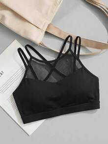 SHEIN Cheerettes Women's Mesh Patchwork Sports Bra Black Strappy With Removable Pads Supportive Lift Breathable For Gym Yoga Workout Summer Sporty Sexy Athleisure - Black - View 10