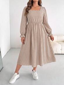 SHEIN Essnce Plus Size Women's Spring/Autumn Fashion Casual Elegant Loose Comfortable Daily Slimming Blue And White Striped Square Neck Long Sleeve Dress, Pocket - Apricot - View 2
