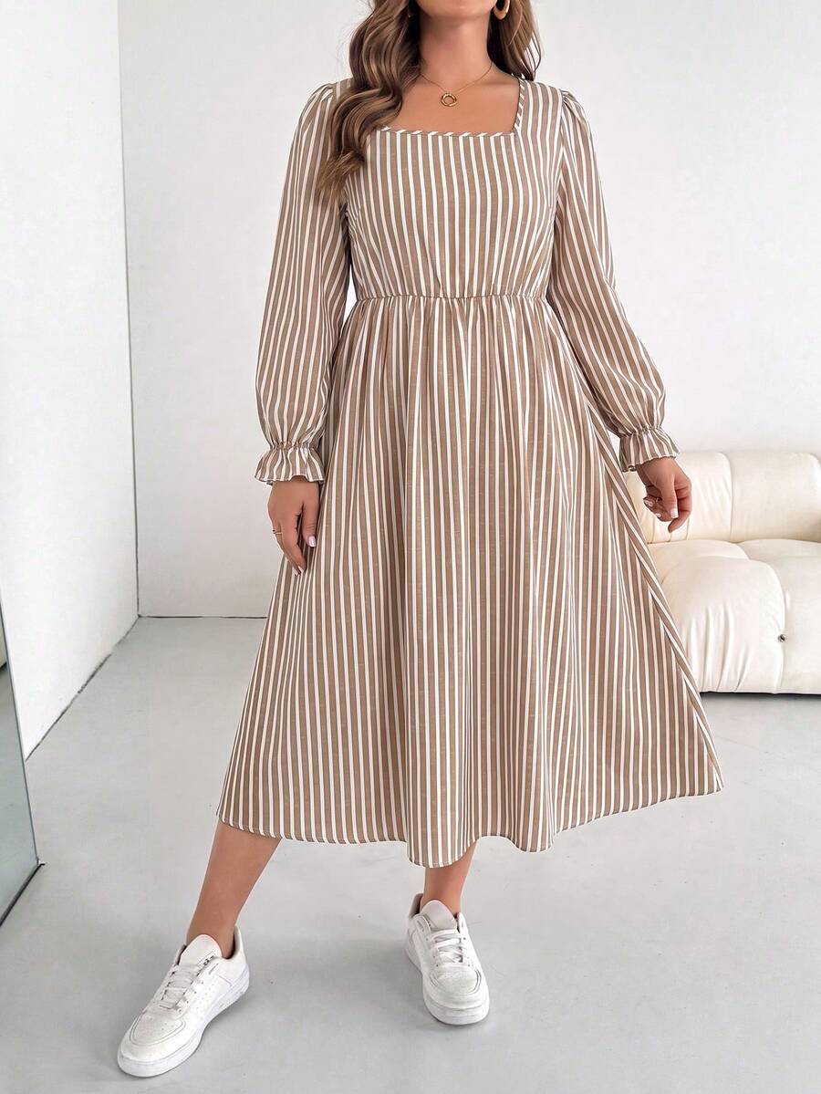 SHEIN Essnce Plus Size Women's Spring/Autumn Fashion Casual Elegant Loose Comfortable Daily Slimming Blue And White Striped Square Neck Long Sleeve Dress, Pocket