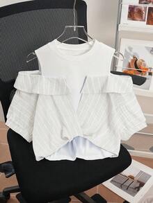 Franclia 女款藍白條紋露肩二合一上衣，夏季休閒城市度假上衣，短版現代優雅度假商務花卉上衣 - 杏色 - 查看 7
