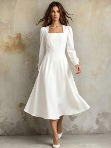 Franclia Elegant French Style Square Collar Puff Sleeve Slim Waist Fashionable Dress For Women - White - View 1