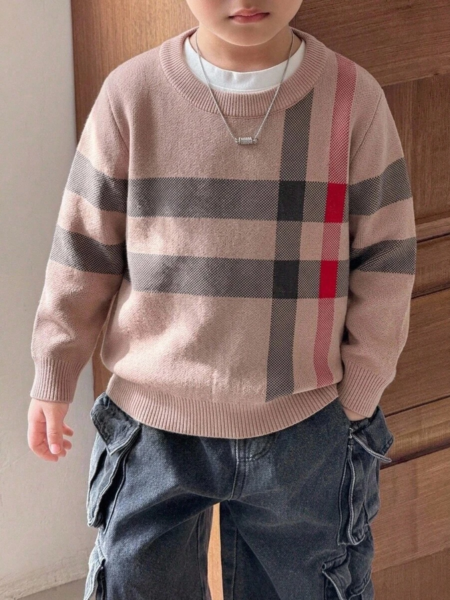 SHEIN Young Boy Crew Neck Colorblock Casual Versatile Daily Wear Long Sleeve Sweater - Multicolor - View 1