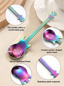 1 pieza Cuchara con forma de guitarra creativa de plata, adecuada para café, té, postres, helado - Utensilio de cocina de acero inoxidable, artículos de cocina, vajilla - Color - Ver 6