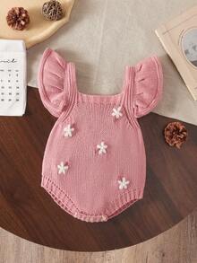 SHEIN Vintaside Kids 女童粉色針織連身褲，荷葉袖與花卉刺繡設計，柔軟舒適針織，可愛復古風嬰幼兒套裝 - 藕粉色 - 查看 1