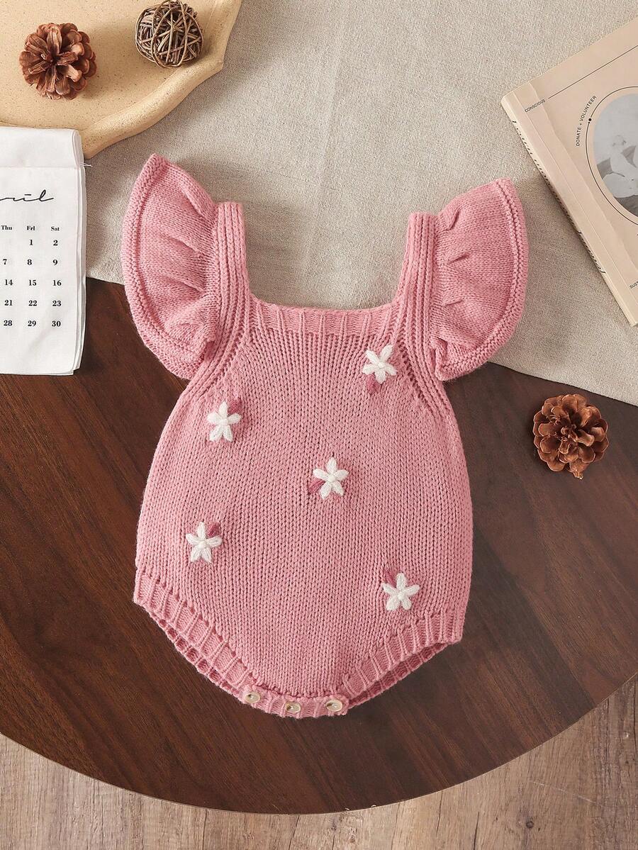 SHEIN Vintaside Kids 女童粉色針織連身褲,荷葉袖與花卉刺繡設計,柔軟舒適針織,可愛復古風嬰幼兒套裝 - 藕粉色 - 查看 1