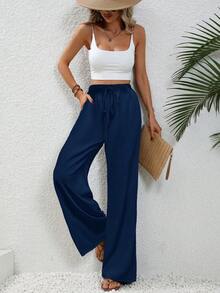 Aalyst Women's Solid Color Drawstring Waist Pocket Casual Daily Long Pants - Blue - View 6
