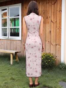 EastFlair Women's Elegant Frog Button Floral Print Pleated Slit Dress - Pink - View 7