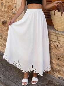 Vaclyn Women's Casual Vacation Style Embroidered Hollow Out Midi Skirt - White - View 3