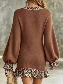 SHEIN Women's V-Neck Colorblock Casual Daily Knit Dress - Brown - View 3