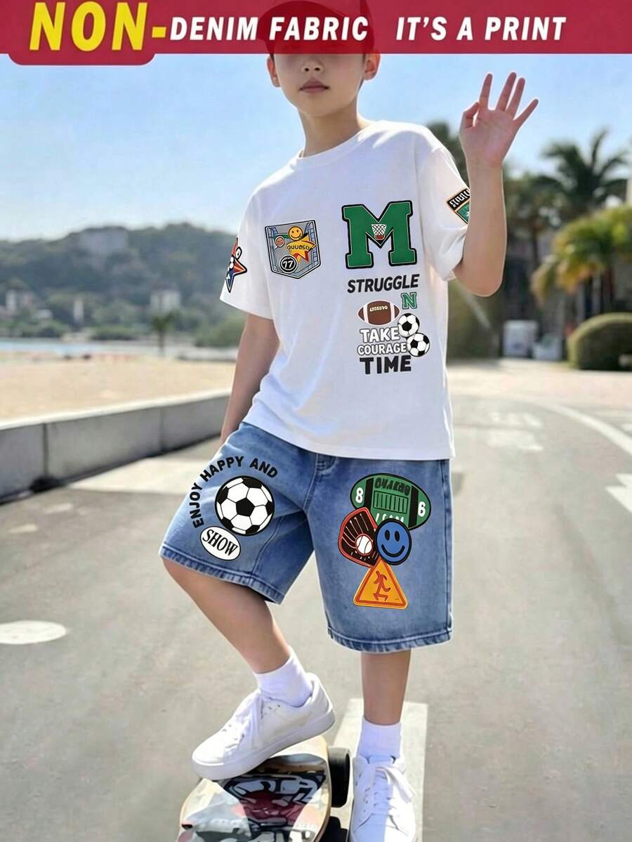 2件組 青少年男孩酷英文標語印花時尚圓領短袖T恤與運動短褲套裝,適合假期派對、春/夏、休閒舒適、夏季必備穿搭、時尚休閒造型、春/夏街頭穿搭、休閒出遊、返校派對、適合戶外野餐 - 彩色 - 查看 1