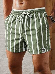 Palasendo Men's Striped Drawstring Waist Beach Shorts For Vacation - Olive Green - View 5
