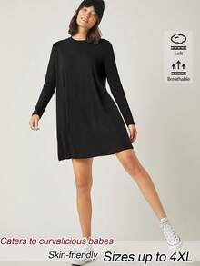 SHEIN BASICS فستان طويل الأكمام بلون موحد كاجوال غربي متعدد الاستخدامات مقاس كبير خريف رسمي عطلة أسود - الأسود - مشاهدة 5