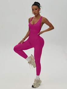 SHEIN Sports 女款無袖性感運動連身褲 - Red Plum - 查看 7