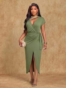 Brilight Gaun Midi Wanita Elegan dan Dewasa, Gaun Bodycon Berpotongan V Dalam Lengan Pendek dengan Detail Kerut dan Belahan, Cocok untuk Pesta Malam, Koktail, Bar, Makan Malam, dan Liburan. - Hijau Tentara - View 7