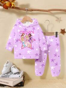 (1套) 秋冬女童幼兒時尚休閒白色與紫色五角星卡通公主字母圖案基礎連帽衛衣與運動長褲 - 彩色 - 查看 5