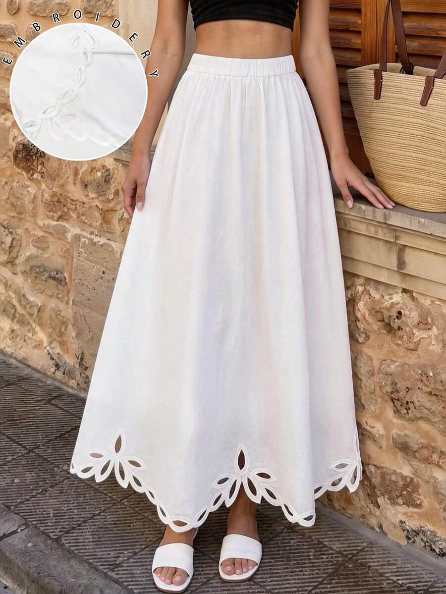 Vaclyn Women's Casual Vacation Style Embroidered Hollow Out Midi Skirt - White - View 1