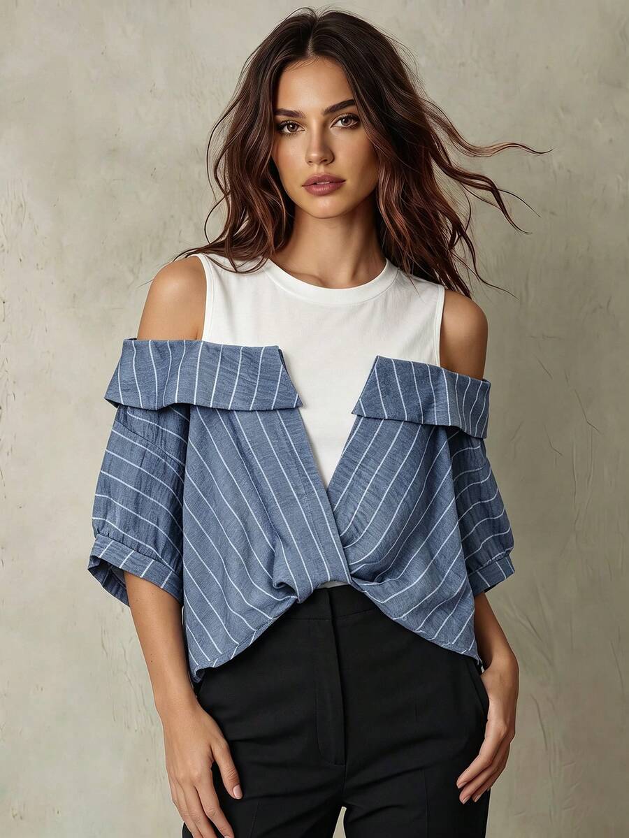 SHEIN Franclia 女款條紋露肩二合一T恤上衣,夏季穿搭 - 彩色 - 查看 1