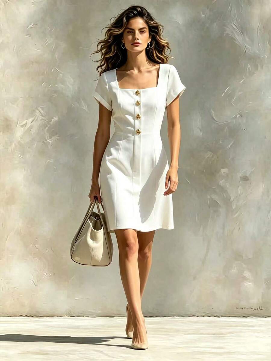 SHEIN Franclia 女士优雅短袖方领迷你连衣裙,玫瑰金金属纽扣装饰,夏季连衣裙,派对优雅连衣裙,婚礼宾客连衣裙,休闲连衣裙,毕业典礼母亲礼服,毕业礼服,女士假日服装,休闲连衣裙,度假连衣裙,杏色连衣裙,春假女士连衣裙 - 杏色 - 查看 1