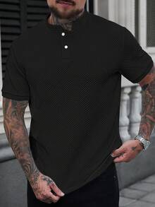 Manfinity Homme 男士立領 Polo 衫，針織提花面料，休閒時尚百搭風格 - 黑色 - 查看 6