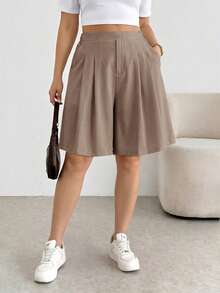 Shapeblank Plus Size Women Solid Color High Waist Pocket Pleated Wide Leg Shorts - Mocha Brown - View 5