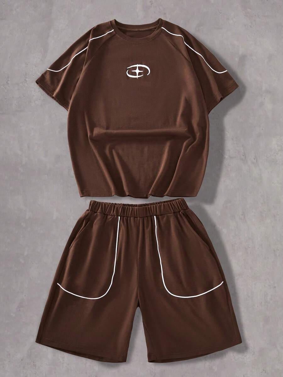 Coolqubz Teen Boys Street Casual Fashion Comfortable Short Sleeve T-Shirt And Shorts Set - Brown - View 1