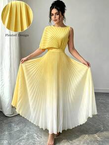 Modelyn 女款優雅圓領披肩領褶皺腰部定位印花 A 字浪漫洋裝，百搭，適合上班/休閒/度假場合，春夏穿著 - 黃色 - 查看 5