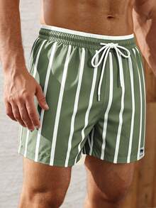 Palasendo Men's Striped Drawstring Waist Beach Shorts For Vacation - Olive Green - View 3