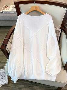 GlowEve CURVE Plus Size Casual V-Neck Argyle Bow Long Sleeve Pullover Sweater - White - View 2