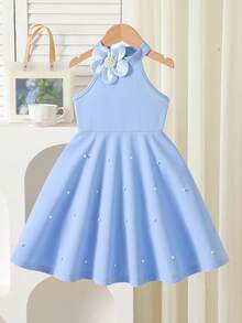 Elladie kids 女童蓝色露背A字连衣裙，饰有3D立体花朵和珍珠，甜美公主风，适合生日派对和夏季穿着。 - 藍色 - 查看 3