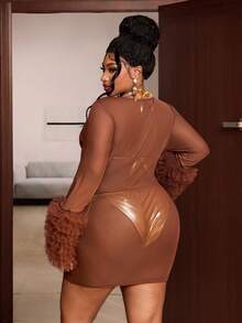 Maweii Plus Size Brown Mesh Criss-Cross Hollow Out Bodycon Bodycon Women's Dress Fall - Brown - View 6