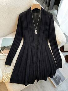 SHEIN LUNE Cardigan Rajut Panjang Sedang Berwarna Polos dengan Garis Vertikal, Pinggang Terikat, dan Ujung Bawah Melebar, Kasual, Elegan Gaya Prancis, Serbaguna, Cocok untuk Kantor, Warna Hitam, Musim Gugur - Hitam - View 6