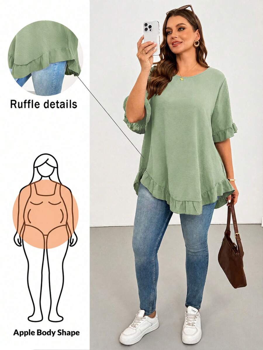 Shapeblank Blusa casual de mujer talla grande de unicolor con cuello redondo, manga corta y bajo con volantes