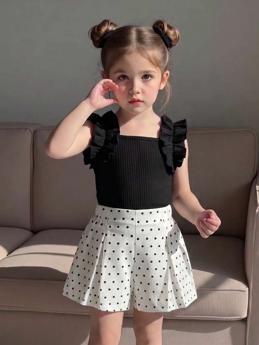 Conjunto de ropa infantil de dos piezas con estilo dulce y juguetón, top de camiseta sin mangas con chaleco plisado de punto con rayas, combinado con pantalones cortos de cintura elástica rosa, con exquisitas flores blancas tridimensionales posicionadas, lindo y a la moda, adecuado para la vida diaria en verano - Blanco y Negro - Ver 1