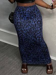 SHEIN Tall CURVE 大尺碼女款豹紋休閒百搭日常穿著裙 - 彩色 - 查看 6