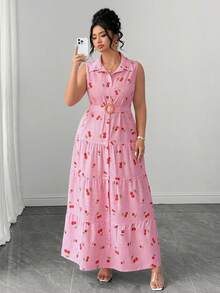 Elenzga elegantes süßes Blumen-Allover-Kirschmuster ärmelloses Hemdkragen einreihiges großes A-Linien-Kleid in Große Größen, schlankmachendes mehrschichtiges Patchwork-Kuchenrock-Design, geeignet für tägliches Pendeln, Ausflüge, Urlaub, Party, Date, Reisen - Pink - Übersicht 4