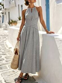 SHEIN Holidaya Women's Striped Pleated Casual Daily Long Dress - Black - View 3