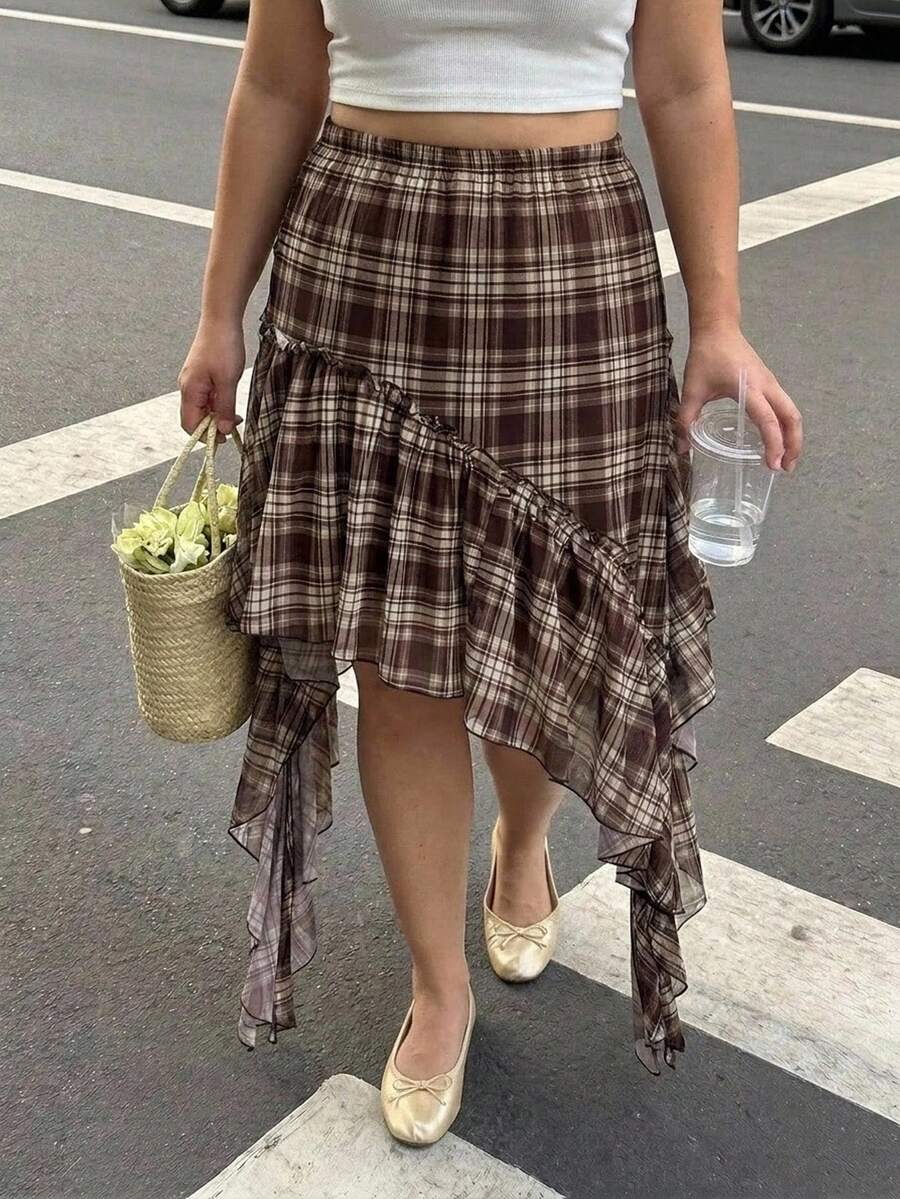 SHEIN MOD Plus Size Brown Plaid Asymmetric Ruffle Design Skirt, Vintage Preppy Style, Casual Outing Outfit, Retro Daily Wear Fall - Brown - View 1