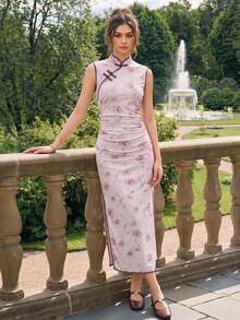 EastFlair Women's Elegant Frog Button Floral Print Pleated Slit Dress - Pink - View 4