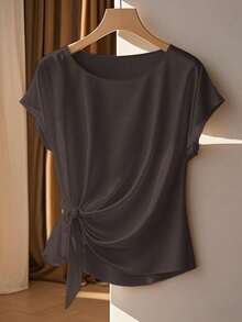 Franclia Elegant Short Sleeve Round Neck Ruffle Tie Bow Combination Khaki Women Blouse, Spring/Summer - Coffee Brown - View 3