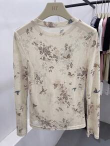 GlowEve Butterfly Print Round Neck Long Sleeve T-Shirt For Middle-Aged And Elderly Women - Multicolor - View 2