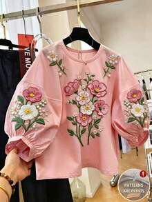GlowEve Women's Summer Vacation Floral Faux Embroidery Print Round Neck Blouse Brunch Tea Party Pink Floral Romantic Cute - Pink - View 1